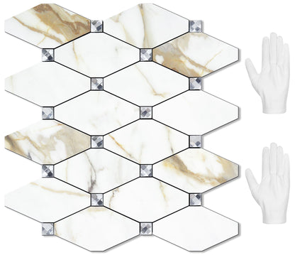 STICKGOO 10 Sheets Peel and Stick Backsplash, Calacatta Golden Stick on Mosaic Tiles for Kitchen Wall Decor, Self Adhesive Long Hexagon PVC Tile Kitchen Backsplash