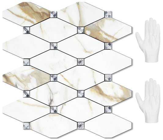 STICKGOO 10 Sheets Peel and Stick Backsplash, Calacatta Golden Stick on Mosaic Tiles for Kitchen Wall Decor, Self Adhesive Long Hexagon PVC Tile Kitchen Backsplash