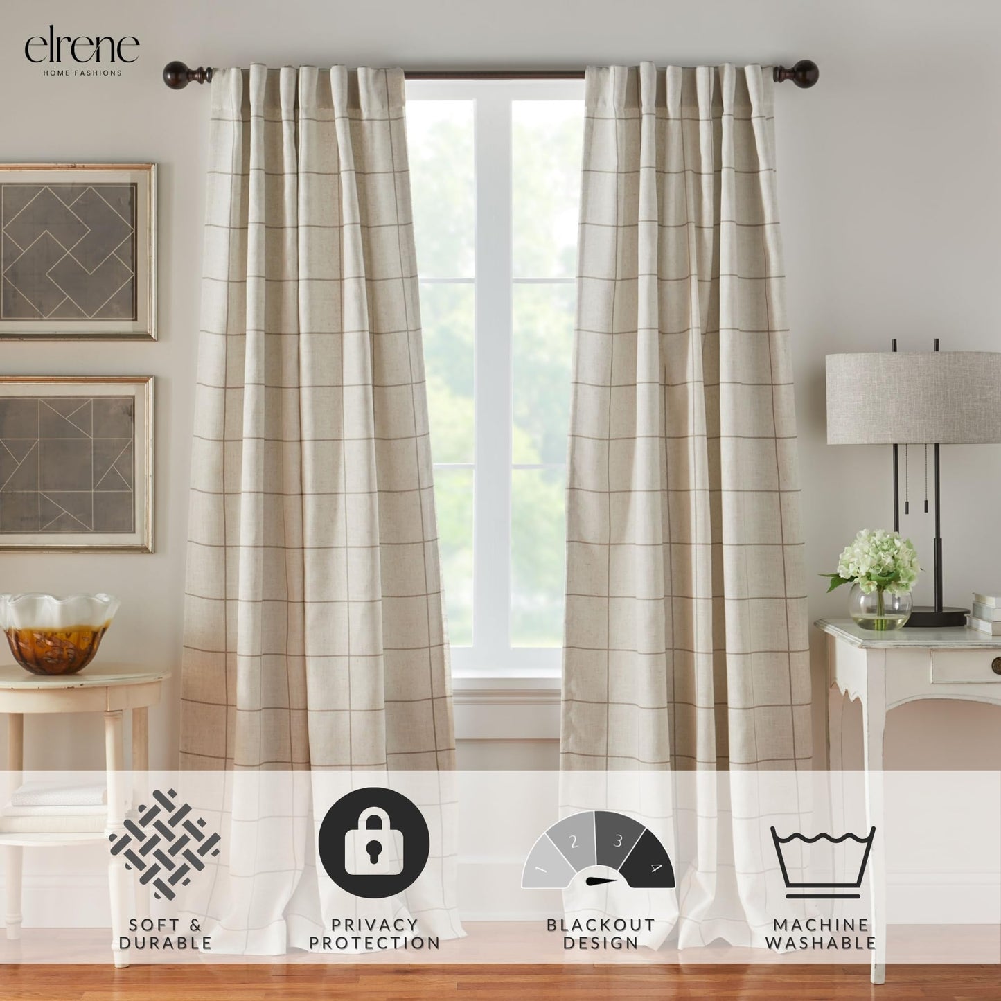 Elrene Home Fashions Brighton Windowpane Plaid Blackout Window Curtain, Living Room and Bedroom Drape with Rod Pocket Tabs, 52" x 84", Linen, 1 Panel