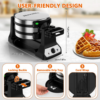 Waffle Maker, 1400W Belgian Waffle Maker, Double Waffle Iron 180° Flip, Rotating Nonstick Plates, Adjustable Browning Control, Locking Buckle & Cool Touch Handle, Removable Drip Tray, Stainless Steel