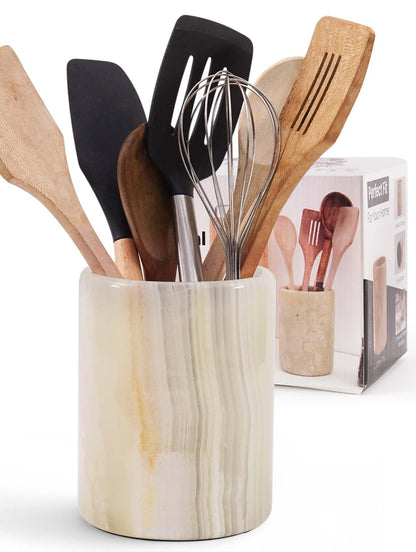 SPESHSTONES Marble Utensil Holder 6.5 Inch Cream Onyx Wooden Cooking Utensils Set & Spatula Organizer for Kitchen Counter, Stone Utensil Crock & Caddy for Spoon Holder & Farmhouse Decor