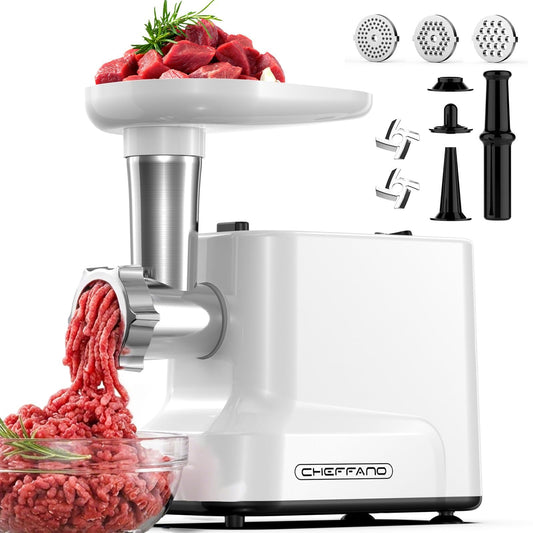 CHEFFANO Meat Grinder, [2500W Max] Electric Meat Grinders with, 2 Grinding Blades, 3 Plates, Sausage Stuffer, Kubbe Kit, for Home Kitchen Use, 3-In-1 Heavy Duty Mincer