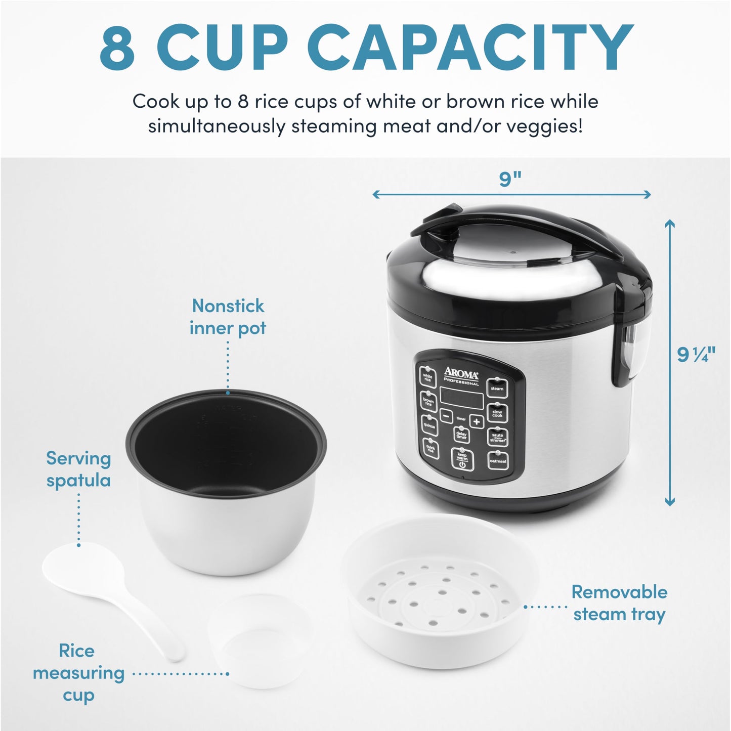 AROMA Professional Digital Rice Cooker, Multicooker, 4-Cup (Uncooked) / 8-Cup (Cooked), Steamer, Slow Cooker, Oatmeal Cooker, STS, Auto Keep Warm, 2 Qt, Stainless Steel Exterior, ARC-954SBD