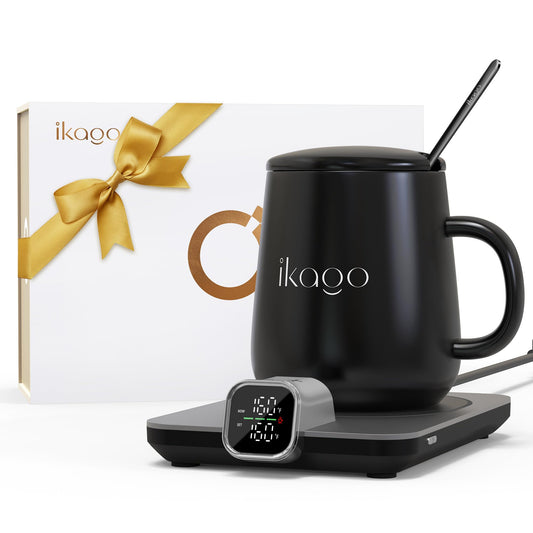 Coffee Mug Warmer & iKago Mug Set, Accurate Temperature Control Smart Heated Mug for Desk, Electric Coffee Warmer with Auto Shut Off & Real-Time Temp Display, Gifts for Men Women, 15oz Ceramic Mug