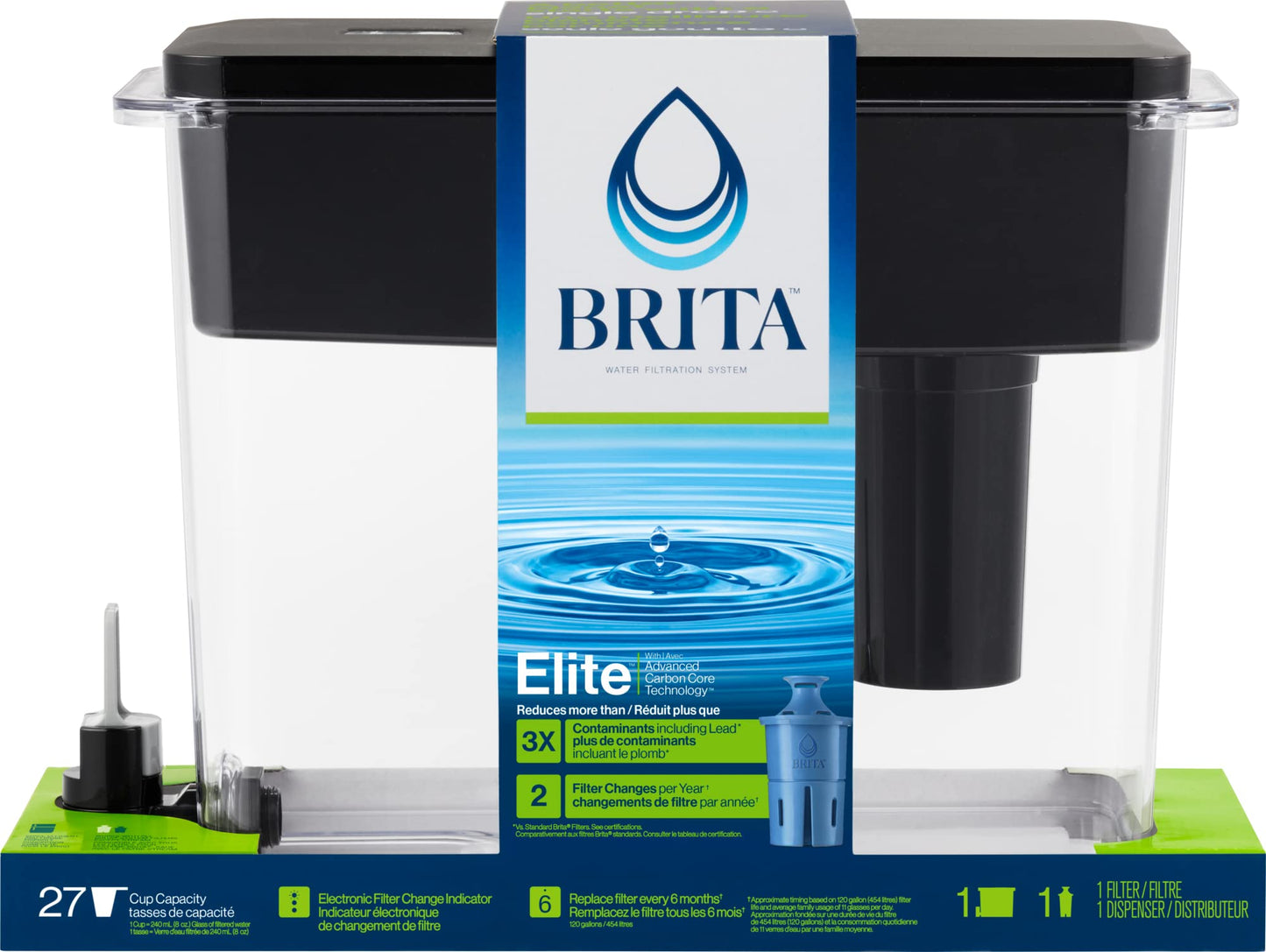 Brita 27-Cup Elite Water Filter Dispenser, Black, Reduces 30+ Contaminants, Lead & Microplastics, 6-Month Filter