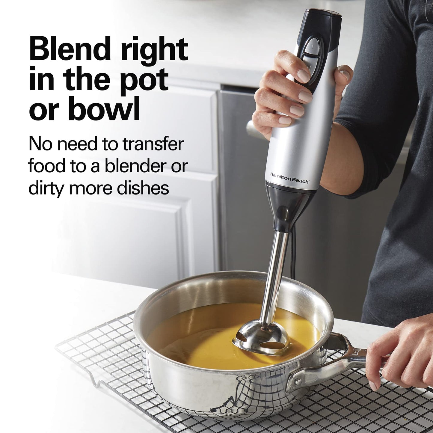 Hamilton Beach 4-in-1 Electric Immersion Hand Blender with Handheld Blending Stick, Whisk + 3-Cup Food & Vegetable Chopper Bowl, 2-Speeds, 225 Watts, Silver and Stainless Steel (59765)