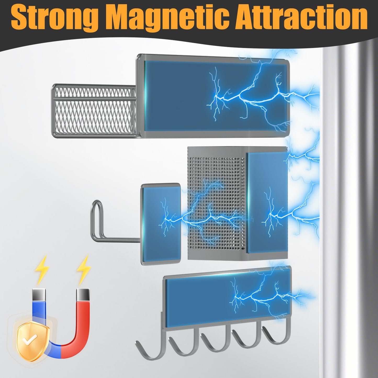 Magnetic Spice Rack for Refrigerator, 10 Pack 100% Metal Strong Magnet Shelf, Moveable Spice Organizer W/ Adjustable Paper Towel Holder, Hook Rack & Utensil Caddy, Home Kitchen Laundry Storage, Grey