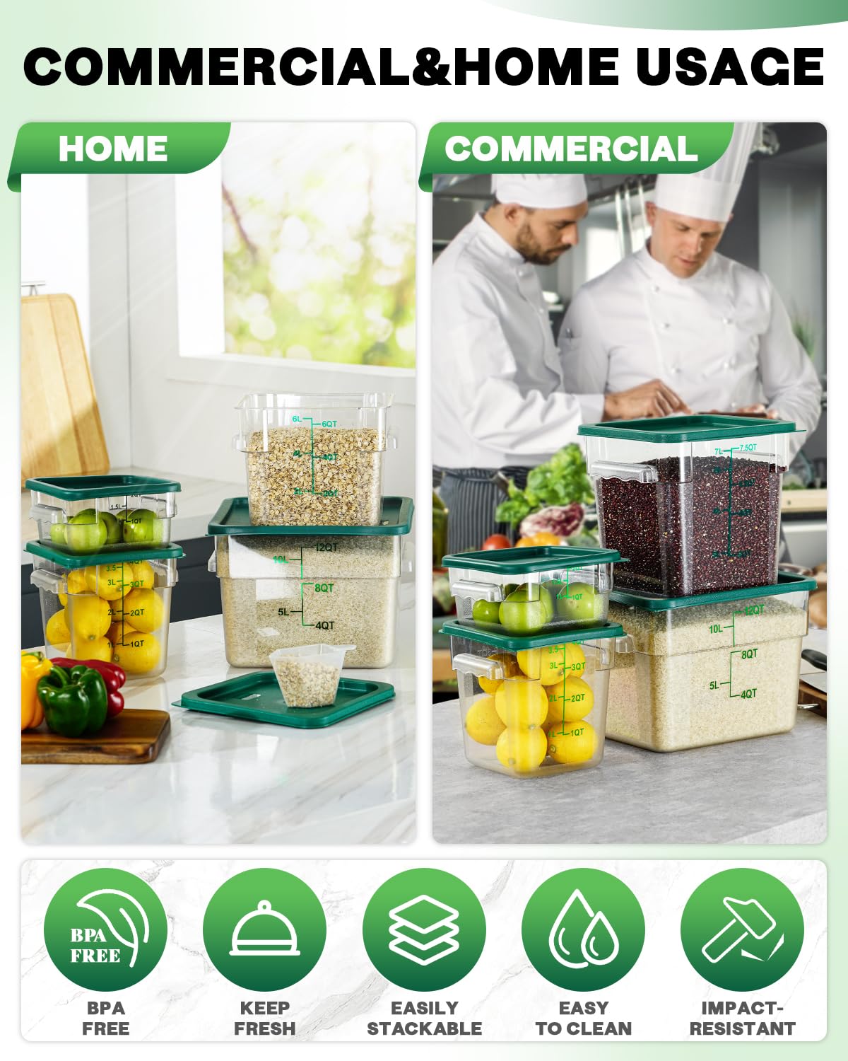 SVKLHY 2QT&4QT NSF Food Storage Containers: 8 PCS[Food Grade] [Hot&Cold Resistant] Commercial Clear Square Food Storage Containers with Scales Handles for Home Restaurant Kitchen(BPA FREE)