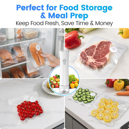 Gikxki Vacuum Sealer for Food with Visible Tank, Handheld Vacuum Sealer Machine with 30 Reusable Bags for 5X Longer Freshness, Wireless & Portable, White