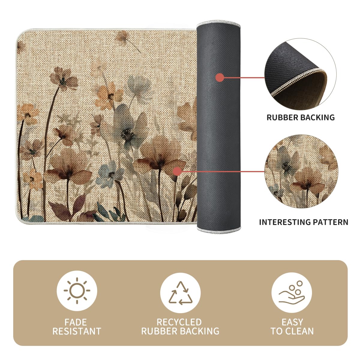 Artoid Mode Brown Poppy Floral Leaves Spring Kitchen Mats Set of 2, Spring Home Decor Low-Profile Kitchen Rugs for Floor - 24x35 and 24x59 Inch