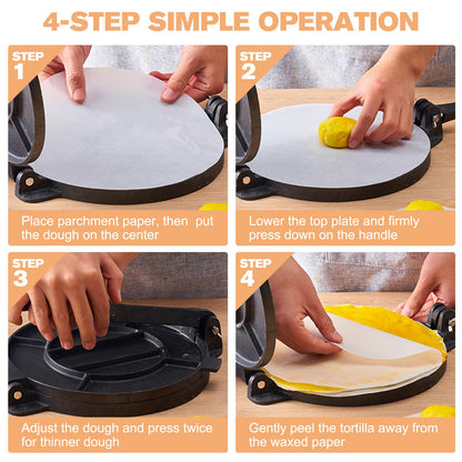 Cast Iron Tortilla Press 12 inch, Heavy Duty Tortilla Pataconera, Flour Tortilla Press with Foldable Handle, Taco press with Some Parchment Paper, Roti Maker, Black