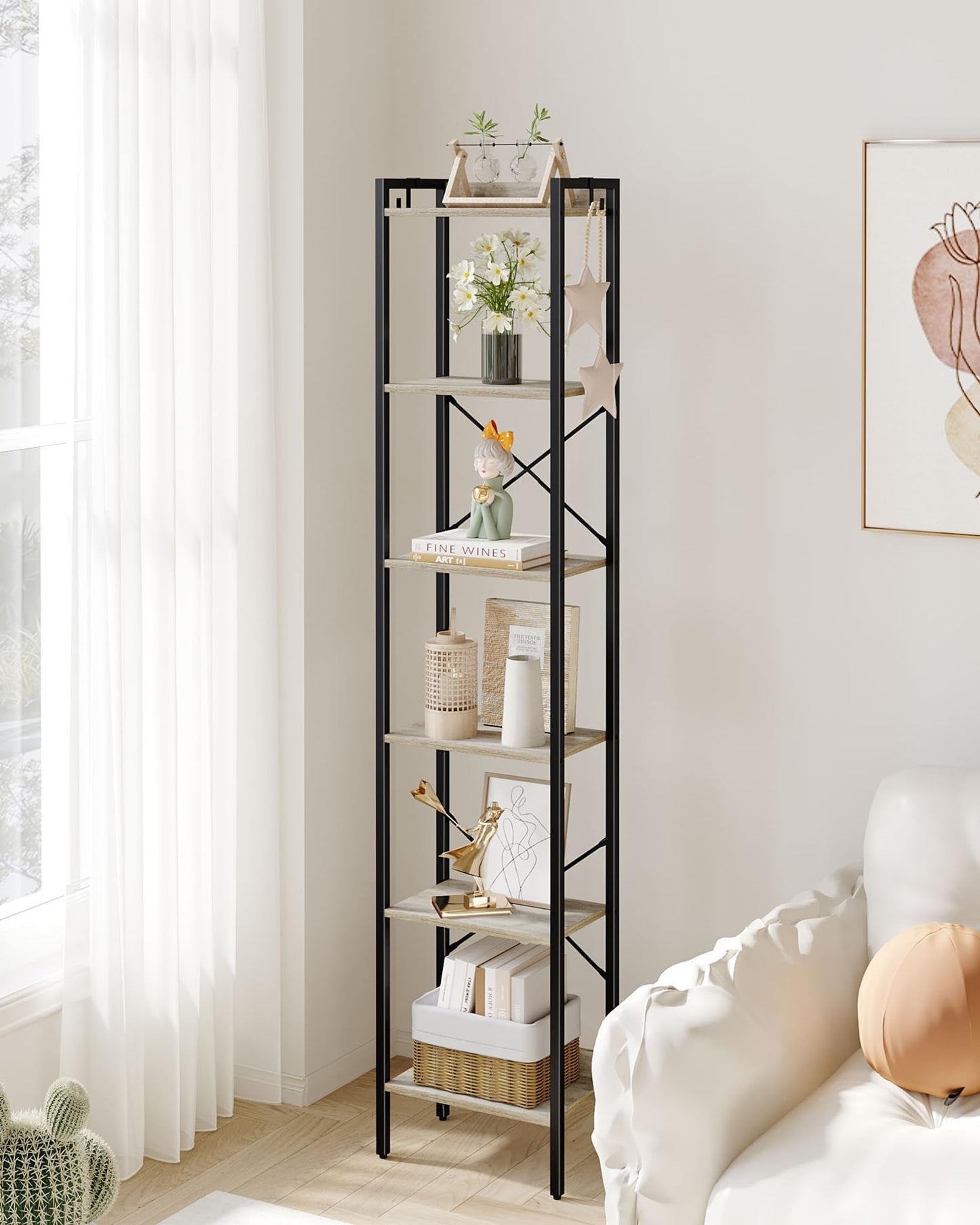 Hzuaneri Bookshelf, Book Shelf, Industrial Bookcase with 2 Hooks, Coner Shelf Storage Organizer for Home Office, Living Room, Bedroom, Kitchen, 6-Tier Greige BC10705B