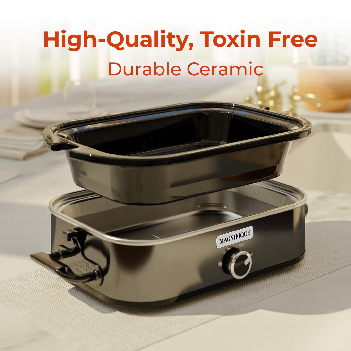 [NEW] MAGNIFIQUE 4-Quart Slow Cooker with Casserole Manual Warm Setting - Perfect Kitchen Small Appliance for Family Dinners, Dishwasher Safe Crock, Stainless Stee