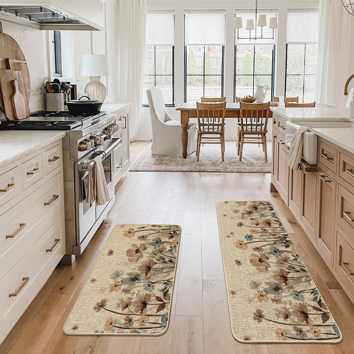 Artoid Mode Brown Poppy Floral Leaves Spring Kitchen Mats Set of 2, Spring Home Decor Low-Profile Kitchen Rugs for Floor - 24x35 and 24x59 Inch