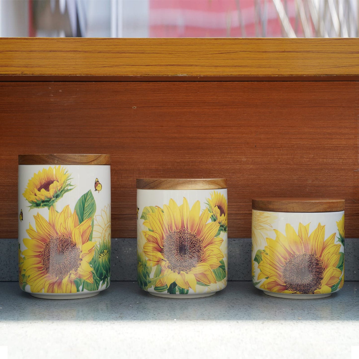 Sunddo Sunflower Ceramic Canister Sets for Kitchen Counter,Tea Coffee Sugar Canister Set with Bamboo Lid Set of 3