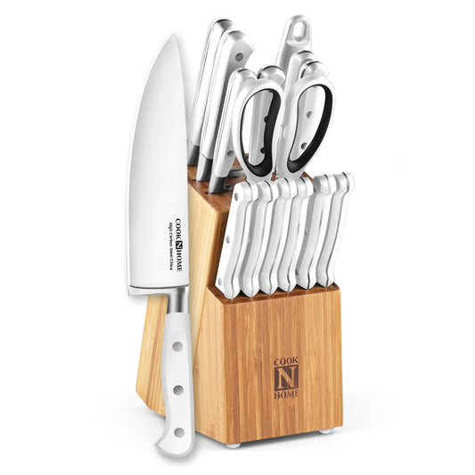 Cook N Home Kitchen Knife Set with Bamboo Storage Block 15-Piece, High Carbon Stainless Steel Blade, White