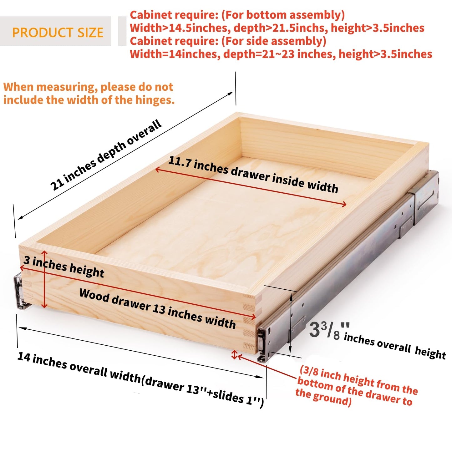 Mulush 13”W x 21”D x 3”H Soft Close Slide Out Wood Drawer Organizer for Kitchen, (Cabinet Opening Width>14.5 inches for Bottom Assembly, Width= 14 inches for Side Assembly)
