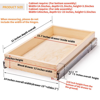 Mulush 13”W x 21”D x 3”H Soft Close Slide Out Wood Drawer Organizer for Kitchen, (Cabinet Opening Width>14.5 inches for Bottom Assembly, Width= 14 inches for Side Assembly)