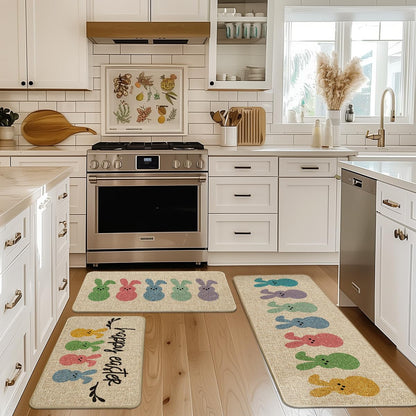 Artoid Mode Rabbits Bunny Happy Easter Kitchen Mats Set of 3, Home Decor Low-Profile Kitchen Rugs for Floor - 17"x29"+17"x36"+17"x47"