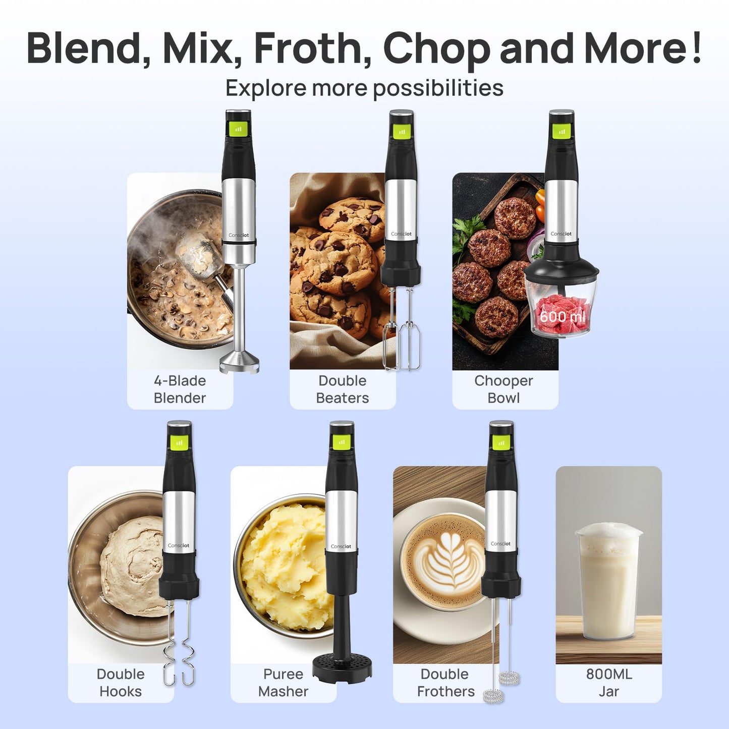 Consciot 7-in-1 Immersion Blender Handheld Max 1100W, Stick Emulsifier with Entire Stainless Steel Blender Shaft, Trigger Speed Control, 800ml Beaker, 600ml Chopper, Beaters, Frothers, Hooks & Masher