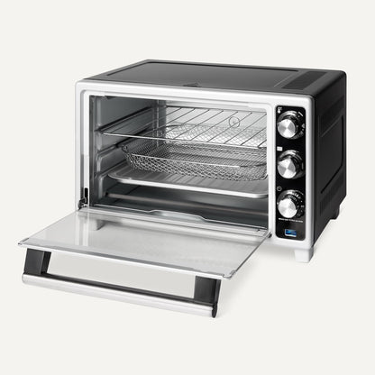 Amazon Basics 6-Slice 23-QT Toaster Oven with Built-In Air Fryer, 7-In-1 Cooking Options, 60-Min Timer & Adjustable Temperature (200°F - 450°F), With Accessories, 1500W, Stainless Steel, Silver/Gray