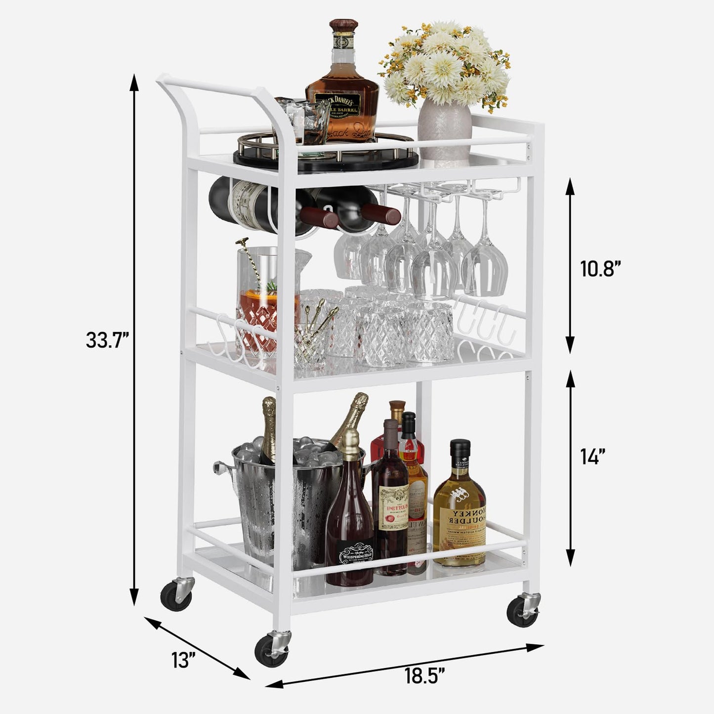TUTOTAK Bar Cart, Home Bar Serving Cart with 3-Tier Mirrored Shelf, Mobile Kitchen Shelf, Rolling Beverage Cart, White BC01BW034