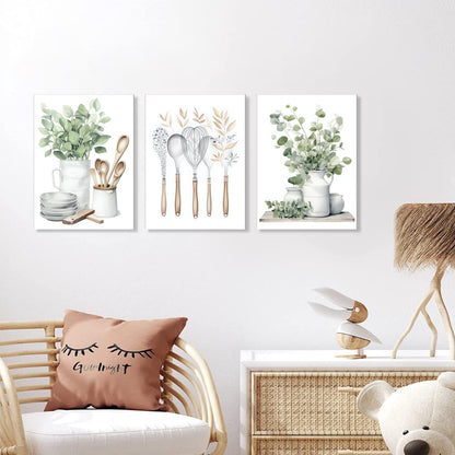YFvrPt Sage Green Kitchen Wall Art Set of 3, Eucalyptus Leaves Plant Dining Room Painting Wall Decor, Boho Botanical Canvas Poster Print Farmhouse Pictures for Home Decoration Framed 16"x24"