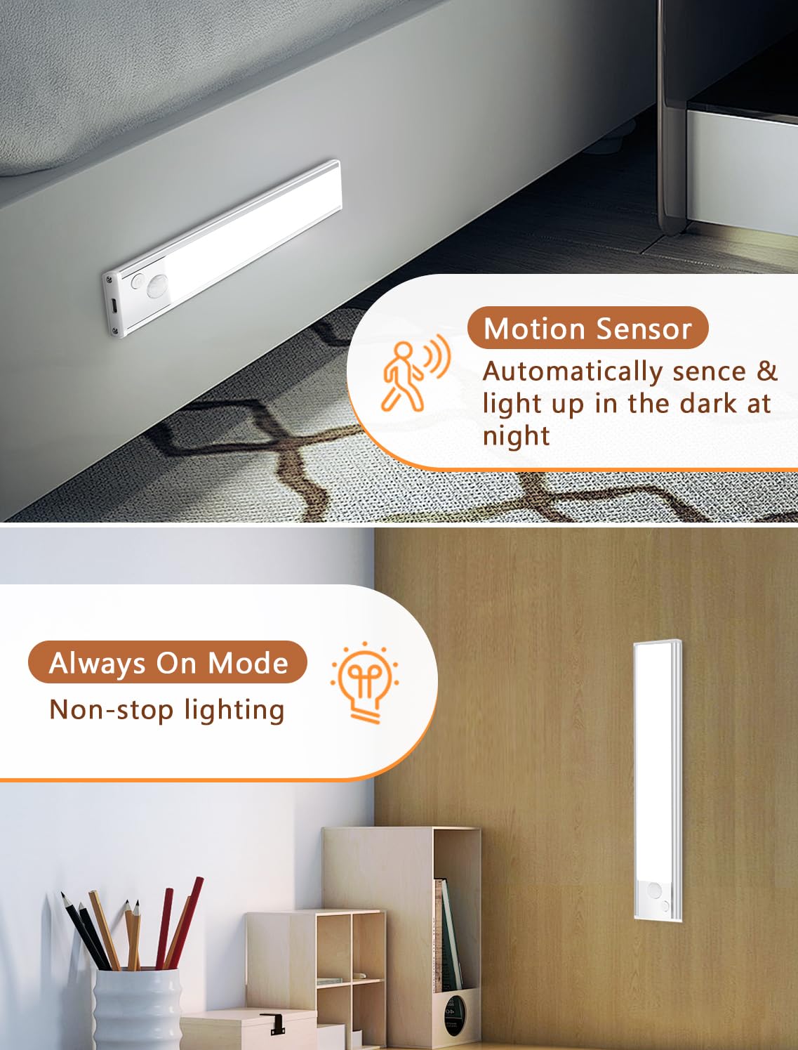 Under Cabinet Motion Sensor Lighting: 8 Inch Dimmable Rechargeable Lights Indoor - Battery Operated Lights - Undercabinet Closet Light Magnetic Led Light for Kitchen Home Bathroom Counter 6 Pack