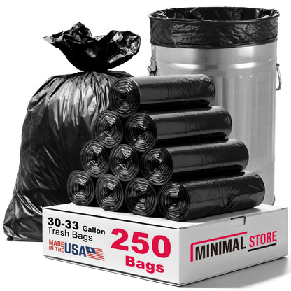 Minimal Store 30-33 Gallon Heavy Duty Trash Bags, 0.9MIL,250 Count, 32"x38" Black Garbage Bags, Bolsas de Basura, Durable & Puncture-Resistant, Made in USA for Home Kitchen Commercial Lawn and Leaf