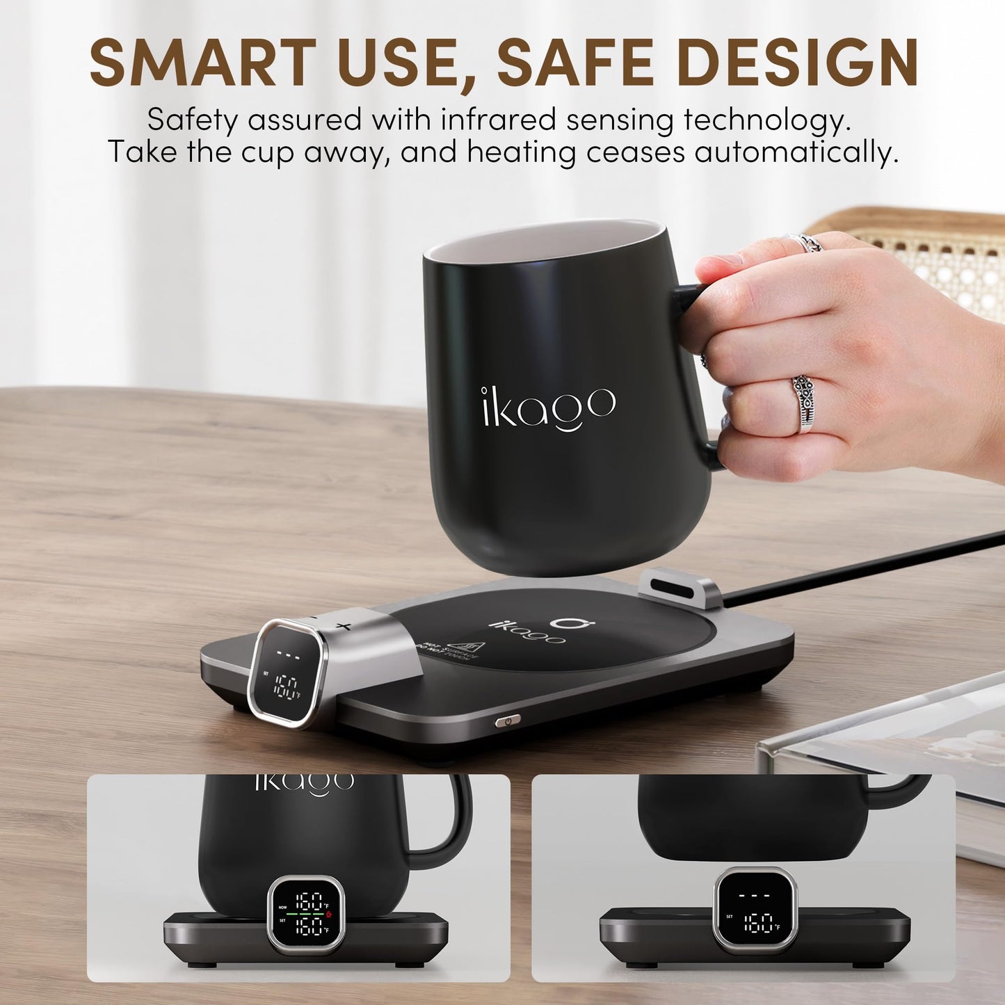 Coffee Mug Warmer & iKago Mug Set, Accurate Temperature Control Smart Heated Mug for Desk, Electric Coffee Warmer with Auto Shut Off & Real-Time Temp Display, Gifts for Men Women, 15oz Ceramic Mug