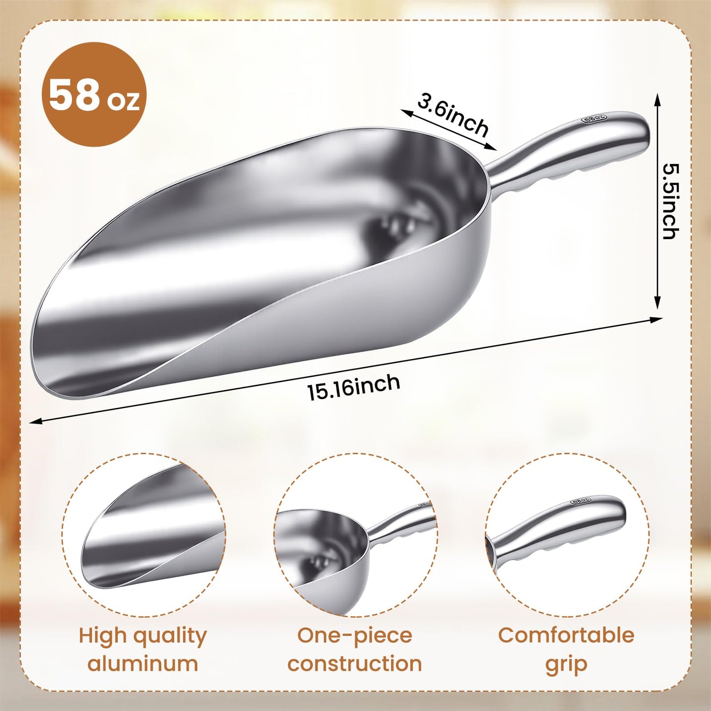 Teecyhooo 2 Set 58 oz Aluminum Ice Scoop with Holder Large Metal Utility Scoop Professional Grade Scooper for Ice, Flour, Candy, Sugar, Rice, Popcorn, Coffee, and Beans for Home or Commercial Kitchens