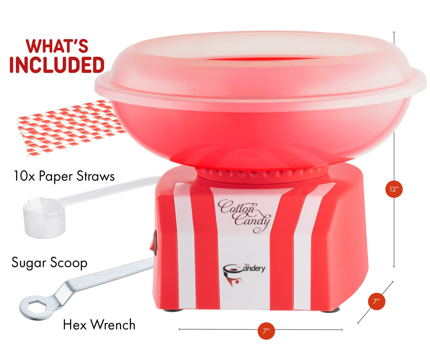 The Candery Cotton Candy Machine - Bright, Colorful Style- Makes Hard and Sugar Free Candy, Sugar Floss, Homemade Sweets for Birthday Parties - Includes 10 Cones & Scooper