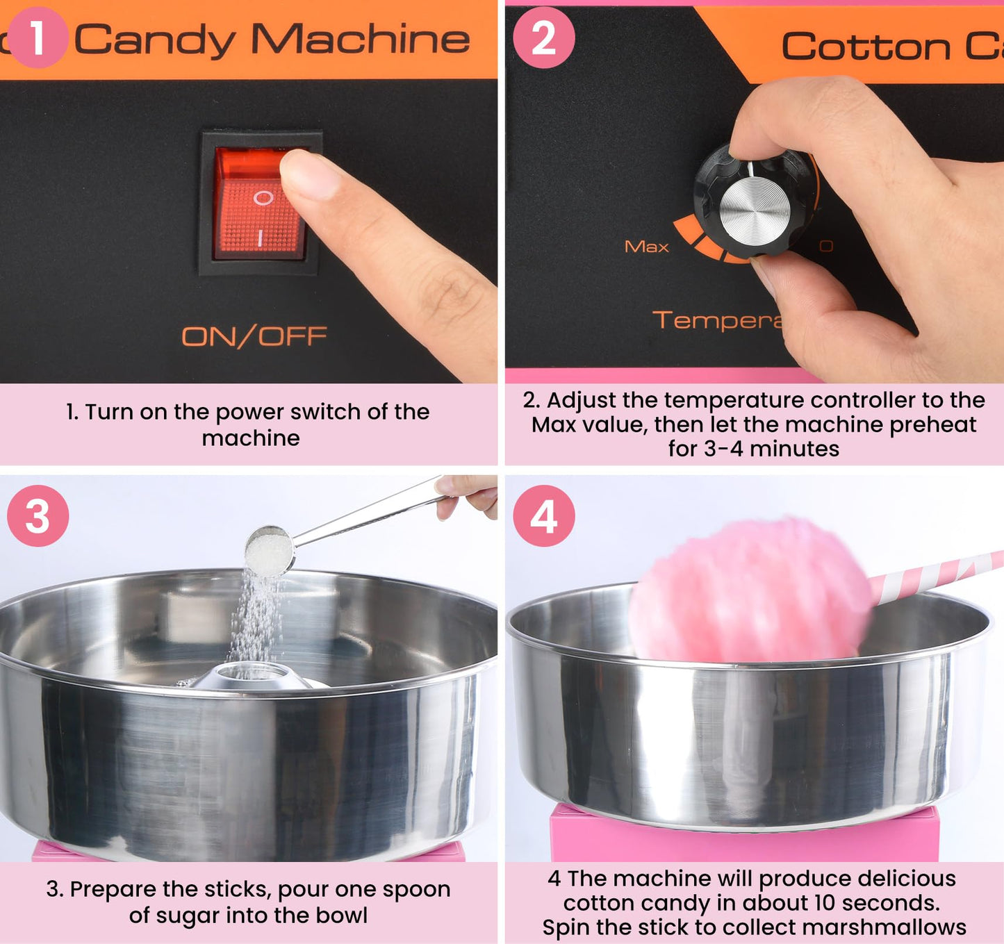 Cotton Candy Machine Commercial, 1000W Professional Cotton Candy Machine, Cotton Candy Maker with Stainless Steel Bowl, Bowl Cover and Sugar Scoop for Kids Birthday, Family Party, Festival (Pink)