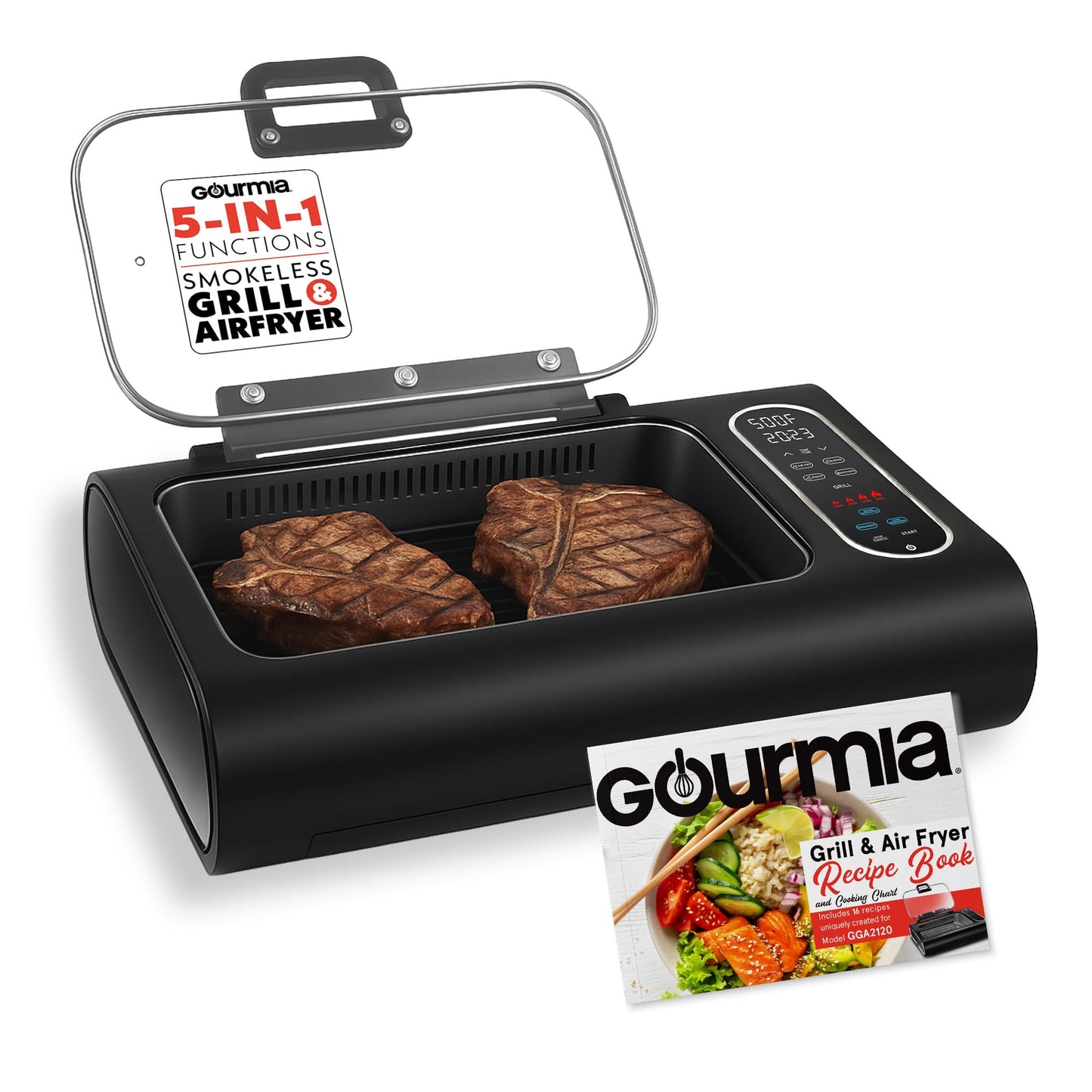 Gourmia Smokeless Indoor Grill - Air Fryer Combo with Smoke Extractor, 5 Cooking Presets, Grill, Air Fry, Roast, Bake, Dehydrate, Countertop Cooker, Glass Lid