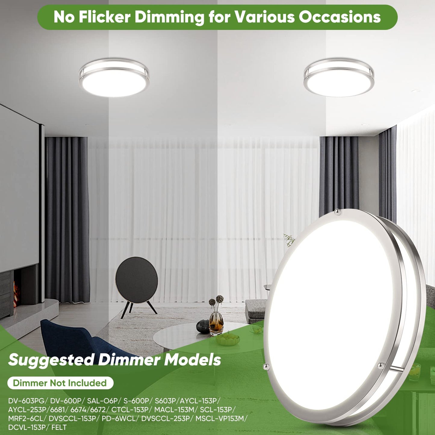 36W LED Ceiling Lights 3600lm Super Bright, Dimmable Flush Mount Light Fixtures 6500K/5000K/4000K/3000K/2700K Adjusted Modern Ceiling Lights 2PACK, 13 Inch Ceiling Lamps for Bedroom Kitchen, Nickle