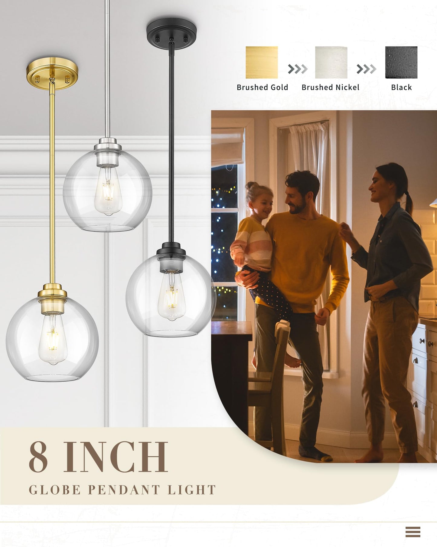 JAZAVA 8 inch Modern Gold Pendant Light Fixtures, Mid Century Globe Pendant Lights with Clear Glass, 1 Light Hanging Lights for Kitchen Island, Bathroom, Dining Room (1 Pack), PL101BG-L