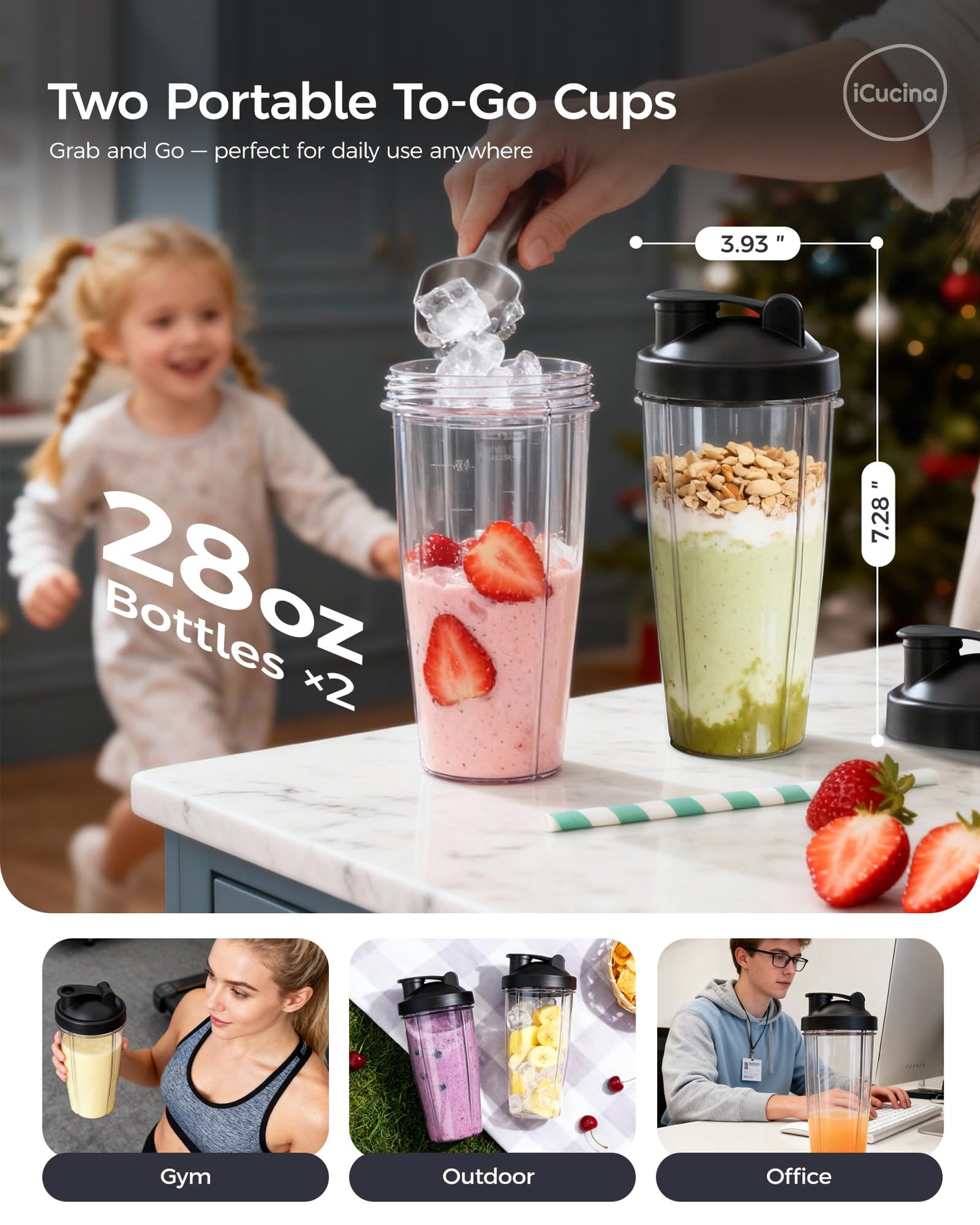 iCucina Smoothie Blender, Personal Blender for Shakes and Smoothies, 700W Pulse Technology Single Serve Blenders with 2 x 28oz Protable Cups for Ice Crush, Frozen Fruit Drinks