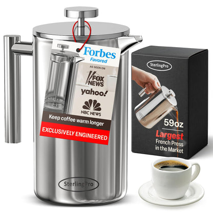 SterlingPro Stainless Steel French Press Coffee Maker 1.75 L (59 oz) Mirror – Double Walled Insulated Extra Large French Press, Durable Design Keeps Drinks Hot, Easy to Use and Clean for Rich Flavor