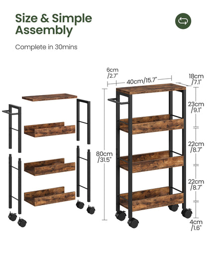 CHOEZON 4-Tier Slim Storage Cart, 7.1'' Kitchen Serving Trolley, Slim Rolling Cart with Handle and Guard Rails, Slim Cabinet for Small Spaces, for Dining Room, Rustic Brown and Black TTC02BF