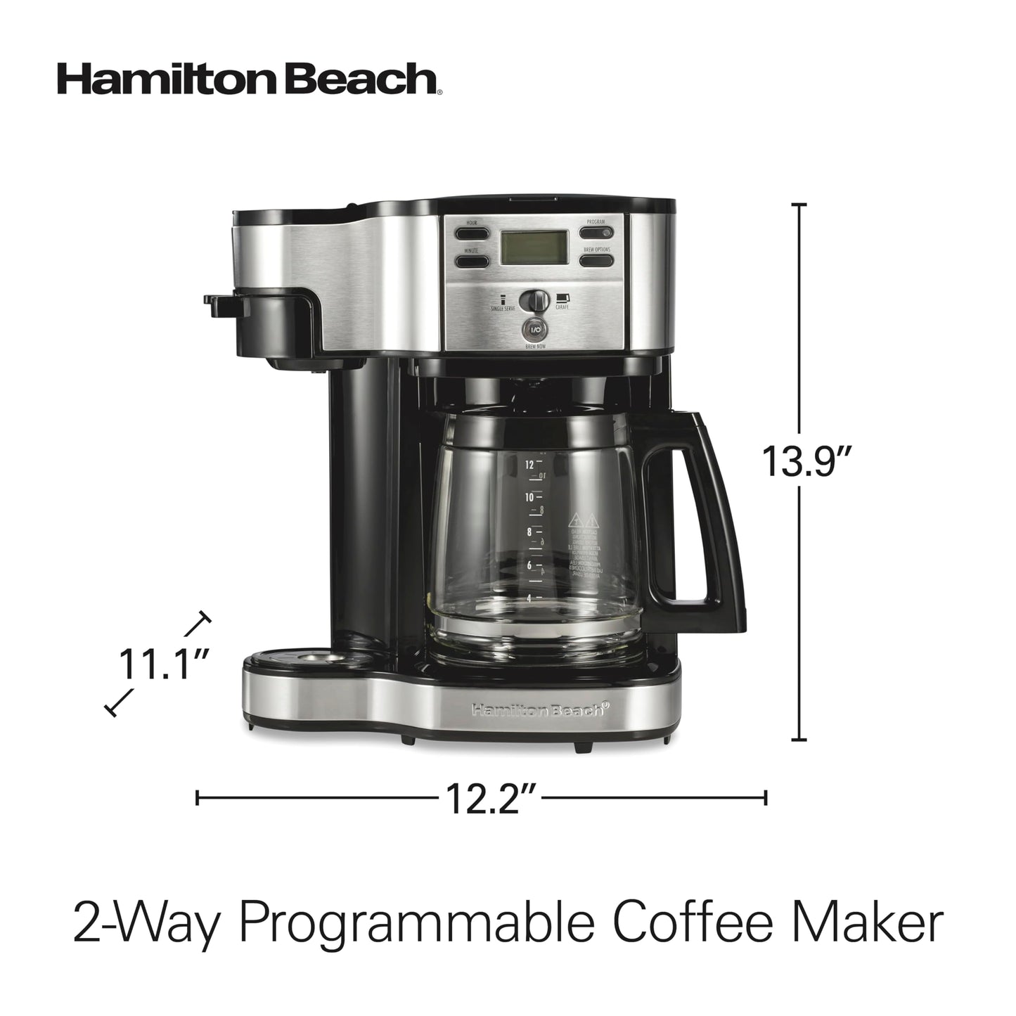 Hamilton Beach 2-Way Programmable Coffee Maker, 12 Cup Glass Carafe And Single Serve Coffee Maker, Black with Stainless Steel Accents, 49980RG