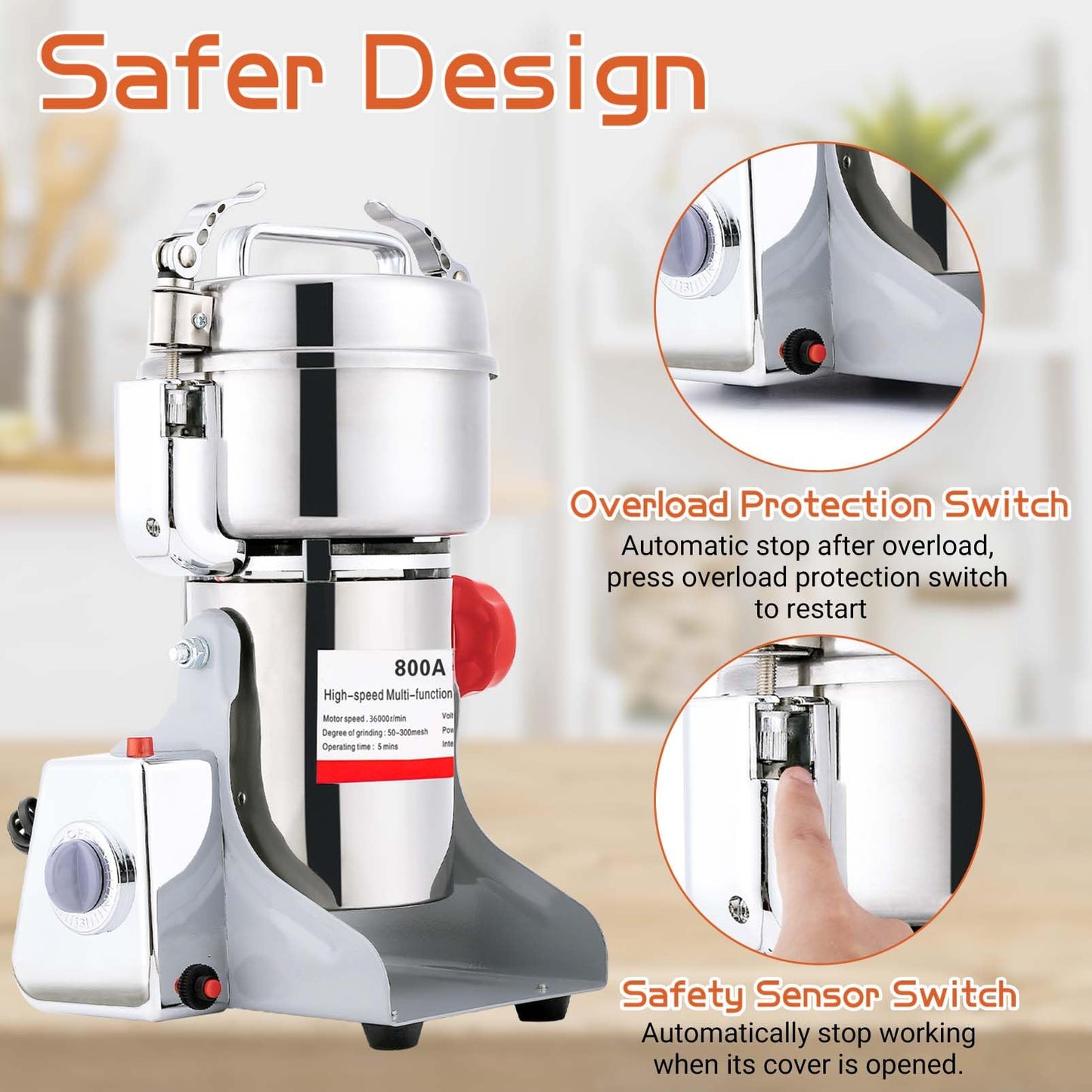 BI-DTOOL Electric Grain Mill Grinder 800g Stainless Steel Pulverizer 36000r/min High-speed Grain Mill 1800W Dry Material Grinding Machine 270° swingable Superfine powder for Home and Commercial