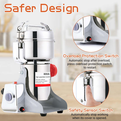 BI-DTOOL Electric Grain Mill Grinder 800g Stainless Steel Pulverizer 36000r/min High-speed Grain Mill 1800W Dry Material Grinding Machine 270° swingable Superfine powder for Home and Commercial