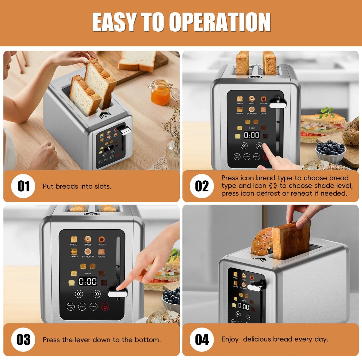 WUNLY 2 Slice Toaster,Touchscreen & Dual Independent Control Panel,5 Basic Functions & Digital Countdown Toasters,6 Shade Settings＆6 Bread Types,Smart Bread Maker Mute/Screen-Off,Platinum