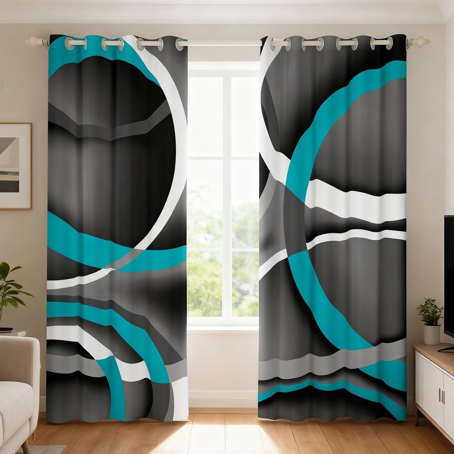 Castle Fairy Gray Black Blue Swirls Window Drapes,Retro Circle Geometric Kitchen Blackout Window Treatments 52Wx84L,Modern Abstract Art Livingroom Bedroom Decor Curtains