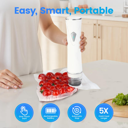 Gikxki Vacuum Sealer for Food with Visible Tank, Handheld Vacuum Sealer Machine with 30 Reusable Bags for 5X Longer Freshness, Wireless & Portable, White