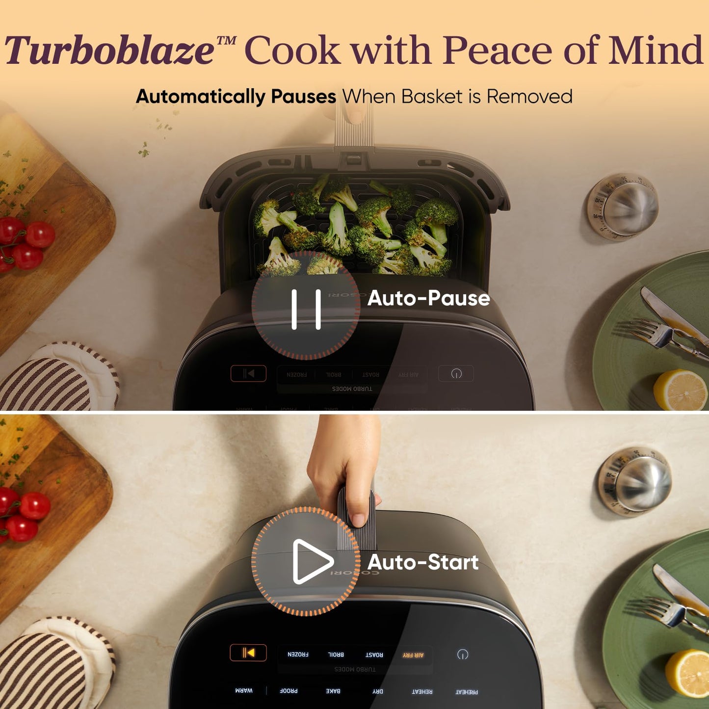 Cosori 9-in-1 TurboBlaze Air Fryer 6 Qt, Premium Ceramic Coating, 90°–450°F, Precise Heating for Even Results, Air Fry, Roast, Bake, Broil, Dry, Frozen, Proof, Reheat, Keep Warm, 120V, Dark Gray