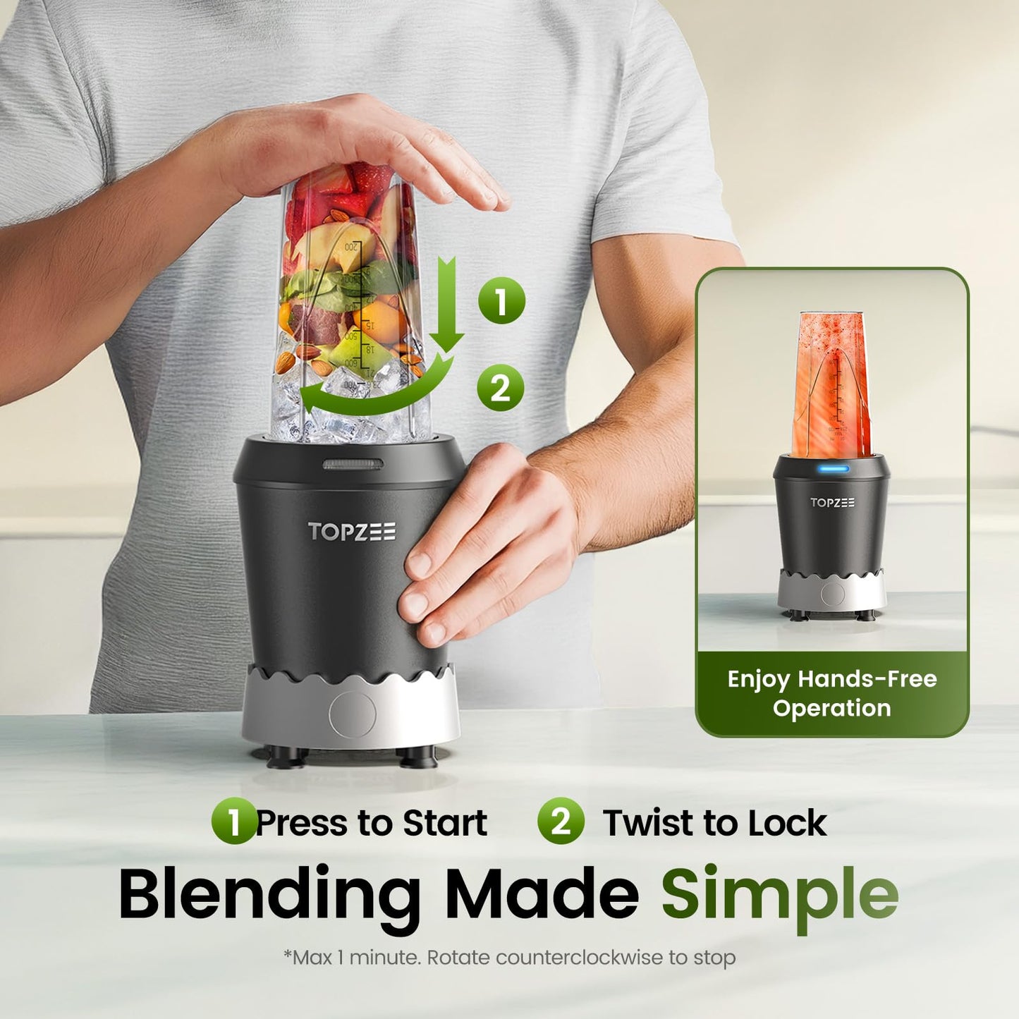 TOPZEE Personal Smoothie Blender, 1000W Single-Serve Blender with 24oz To-Go Cup, Twist-On Start/Stop, for Protein Shakes & Smoothies, Compact Countertop Blender, Black