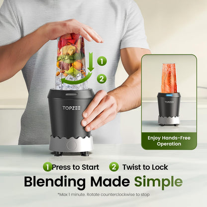 TOPZEE Personal Smoothie Blender, 1000W Single-Serve Blender with 24oz To-Go Cup, Twist-On Start/Stop, for Protein Shakes & Smoothies, Compact Countertop Blender, Black