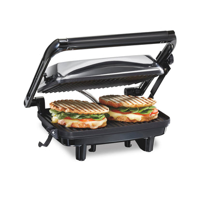 Hamilton Beach Panini Press Sandwich Maker & Electric Indoor Grill with Locking Lid, Opens Wide to Fit Any Thickness for Quesadillas, Burgers & More, Nonstick 8" x 10" Grids, Chrome (25460MNA)