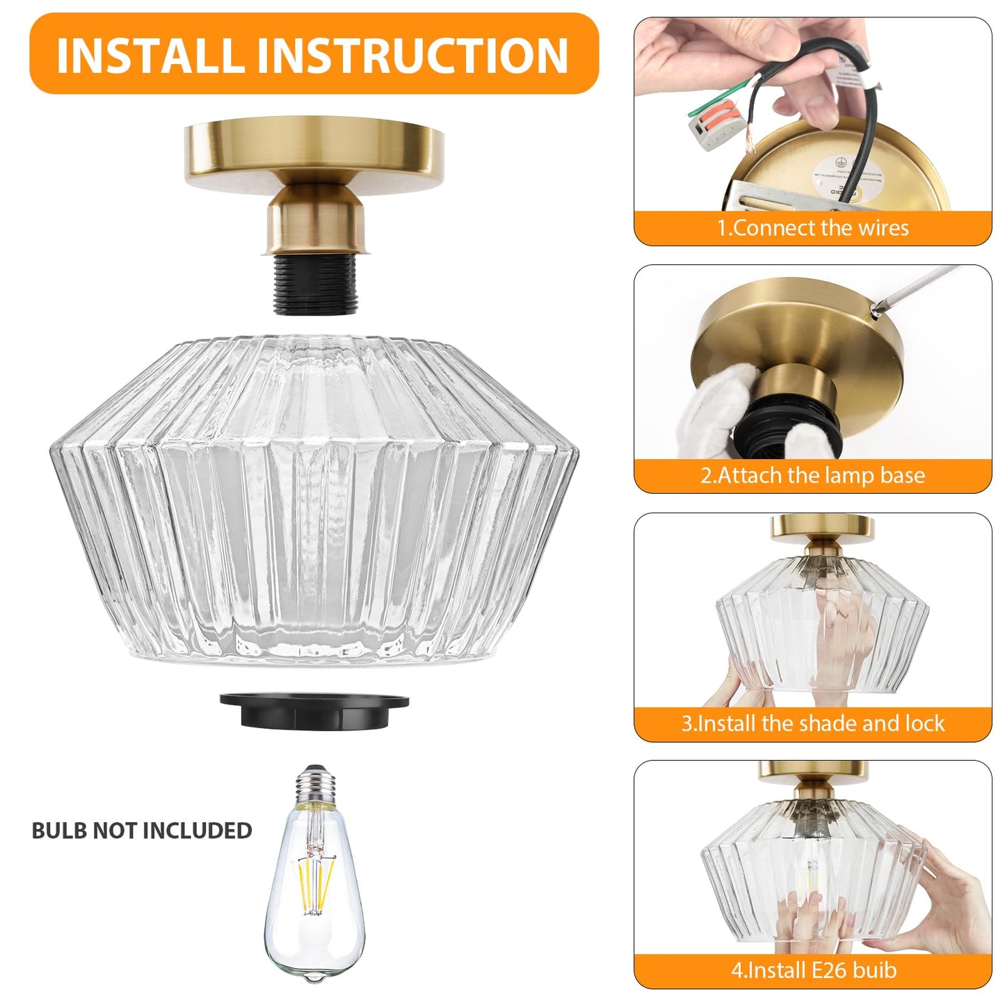 FRIDEKO HOME Semi Flush Mount Ceiling Light - Glass Hallway Lighting Fixtures Ceiling Black Ceiling Light Fixture for Hallway Bedroom Kitchen Bathroom Entryway (Bronze Gold)